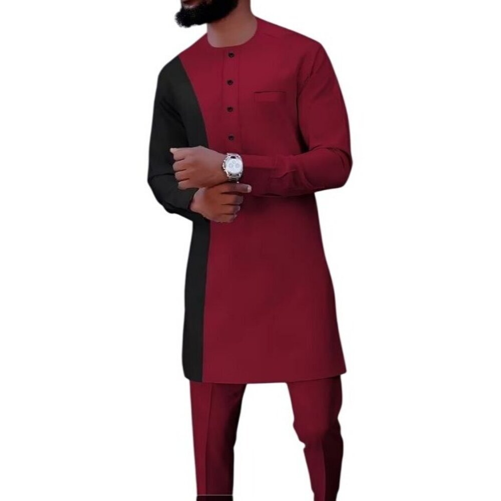 African Formal Dashiki Vibrant Crimson Shirt & Pant Suit Traditional Dress Outfi